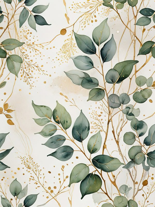 Watercolor Eucalyptus Leaves Digital Paper: Gold Accents (JPG, Commercial Use) — image 10