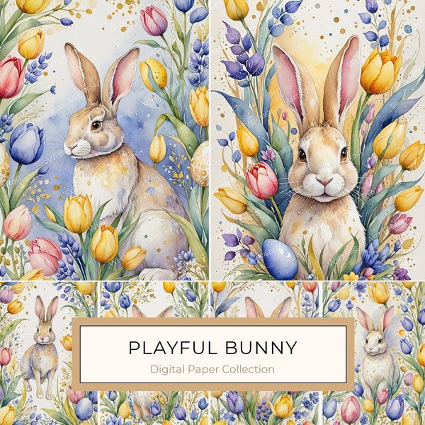 Watercolor Bunny Floral Paper Set: Scrapbooking & Crafts (JPG Digital Download)