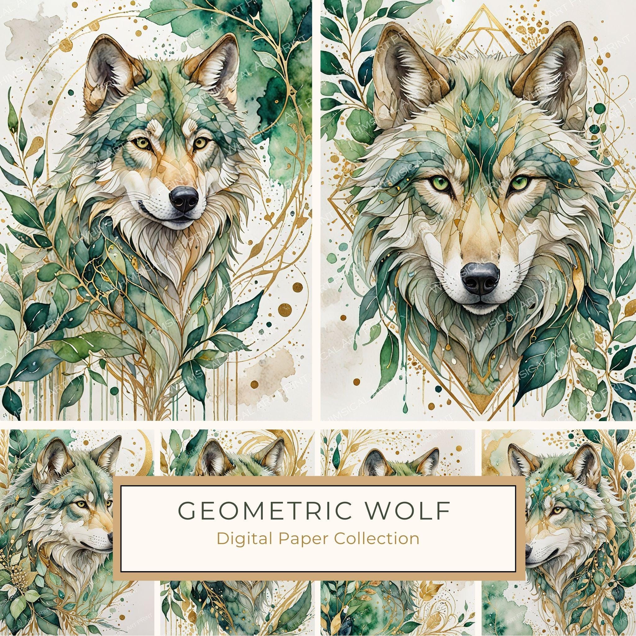 Watercolor Wolf Portrait Digital Paper: Botanical Scrapbooking JPGs (Digital Download)