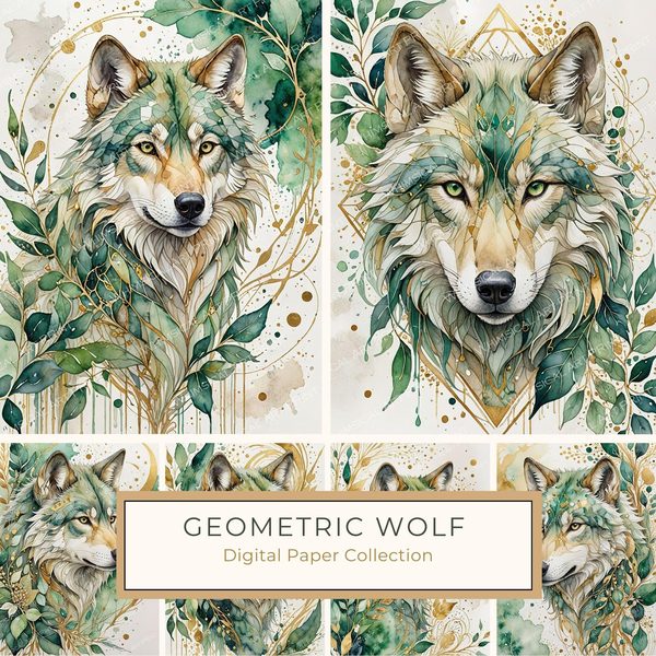 Watercolor Wolf Portrait Digital Paper: Botanical Scrapbooking JPGs (Digital Download)
