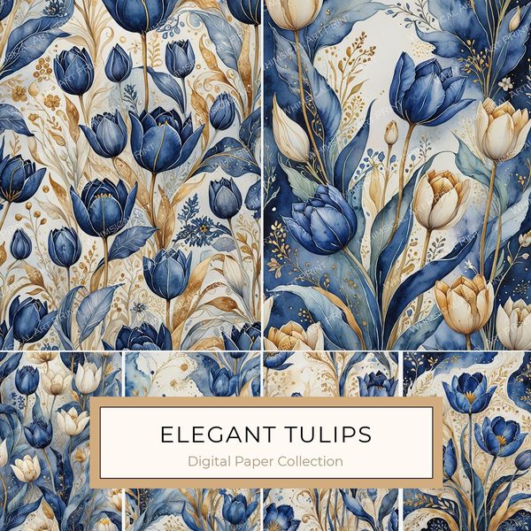 Watercolor Indigo Blue Tulip Digital Paper Set (JPG)