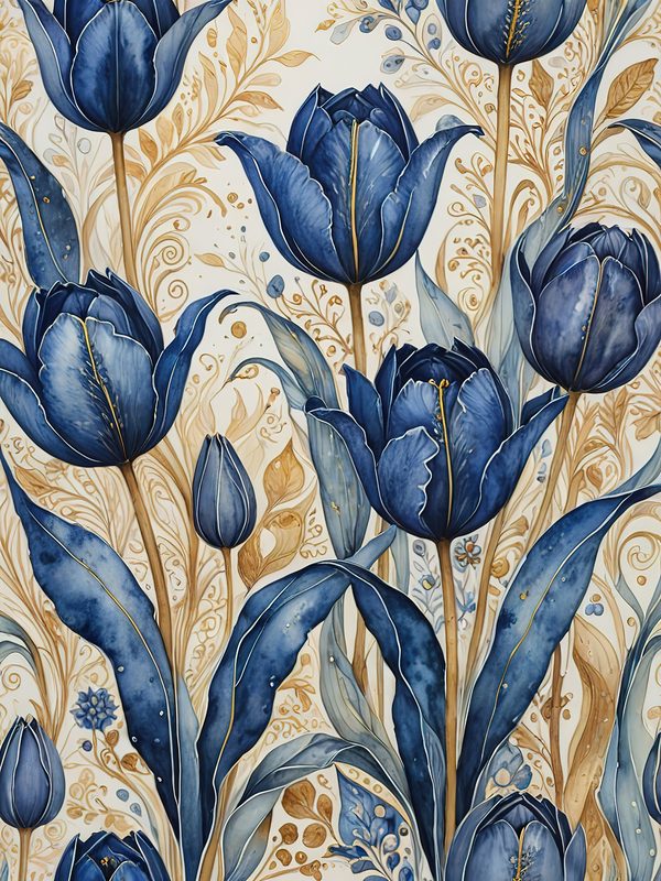 Watercolor Indigo Blue Tulip Digital Paper Set (JPG) — image 1