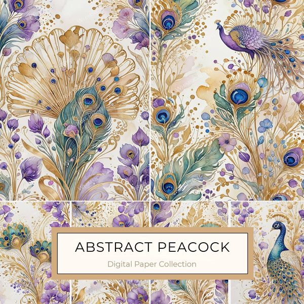 Watercolor Peacock Feather Digital Paper: Gold Accents, Scrapbooking (JPGs)