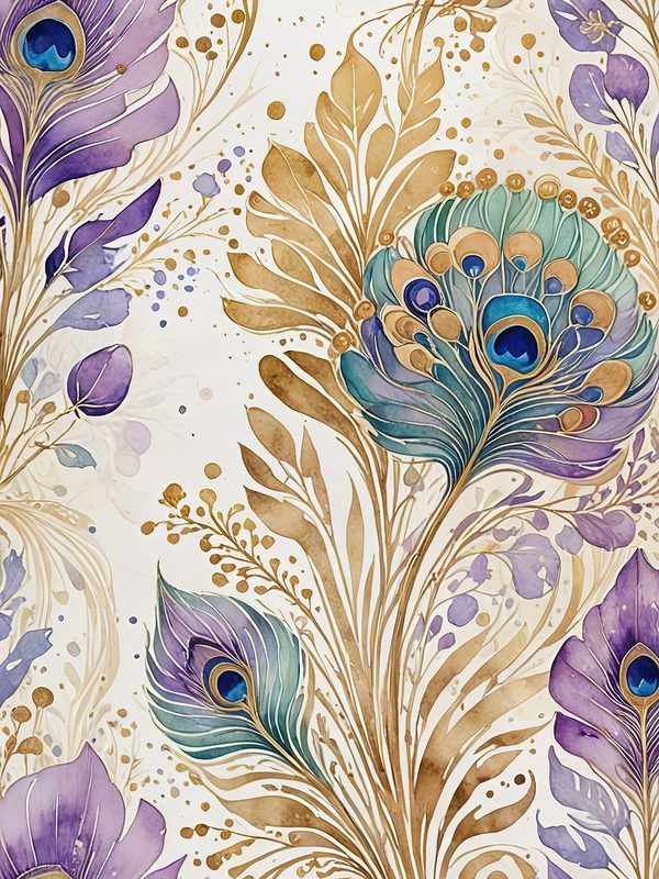 Watercolor Peacock Feather Digital Paper: Gold Accents, Scrapbooking (JPGs) — image 2