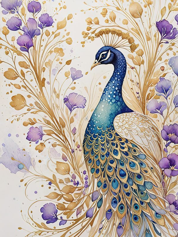 Watercolor Peacock Feather Digital Paper: Gold Accents, Scrapbooking (JPGs) — image 3