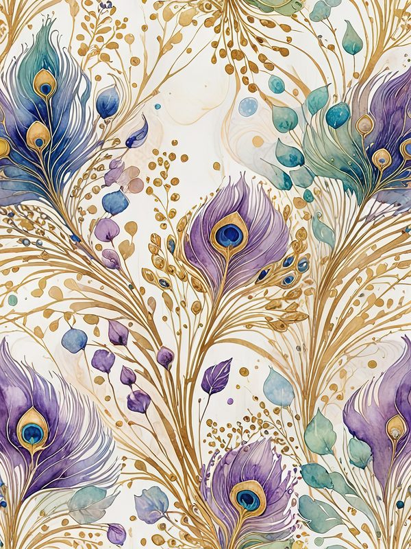 Watercolor Peacock Feather Digital Paper: Gold Accents, Scrapbooking (JPGs) — image 4