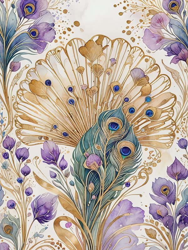 Watercolor Peacock Feather Digital Paper: Gold Accents, Scrapbooking (JPGs) — image 5