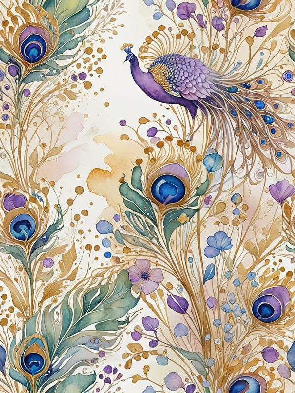 Watercolor Peacock Feather Digital Paper: Gold Accents, Scrapbooking (JPGs) — image 6