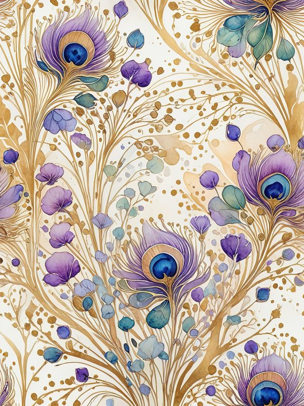 Watercolor Peacock Feather Digital Paper: Gold Accents, Scrapbooking (JPGs) — image 7