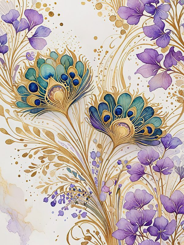 Watercolor Peacock Feather Digital Paper: Gold Accents, Scrapbooking (JPGs) — image 9