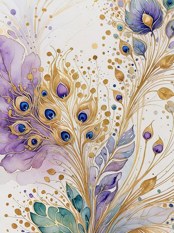 Watercolor Peacock Feather Digital Paper: Gold Accents, Scrapbooking (JPGs) — image 11