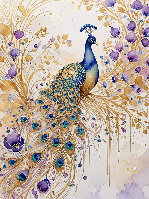 Watercolor Peacock Feather Digital Paper: Gold Accents, Scrapbooking (JPGs) — image 12