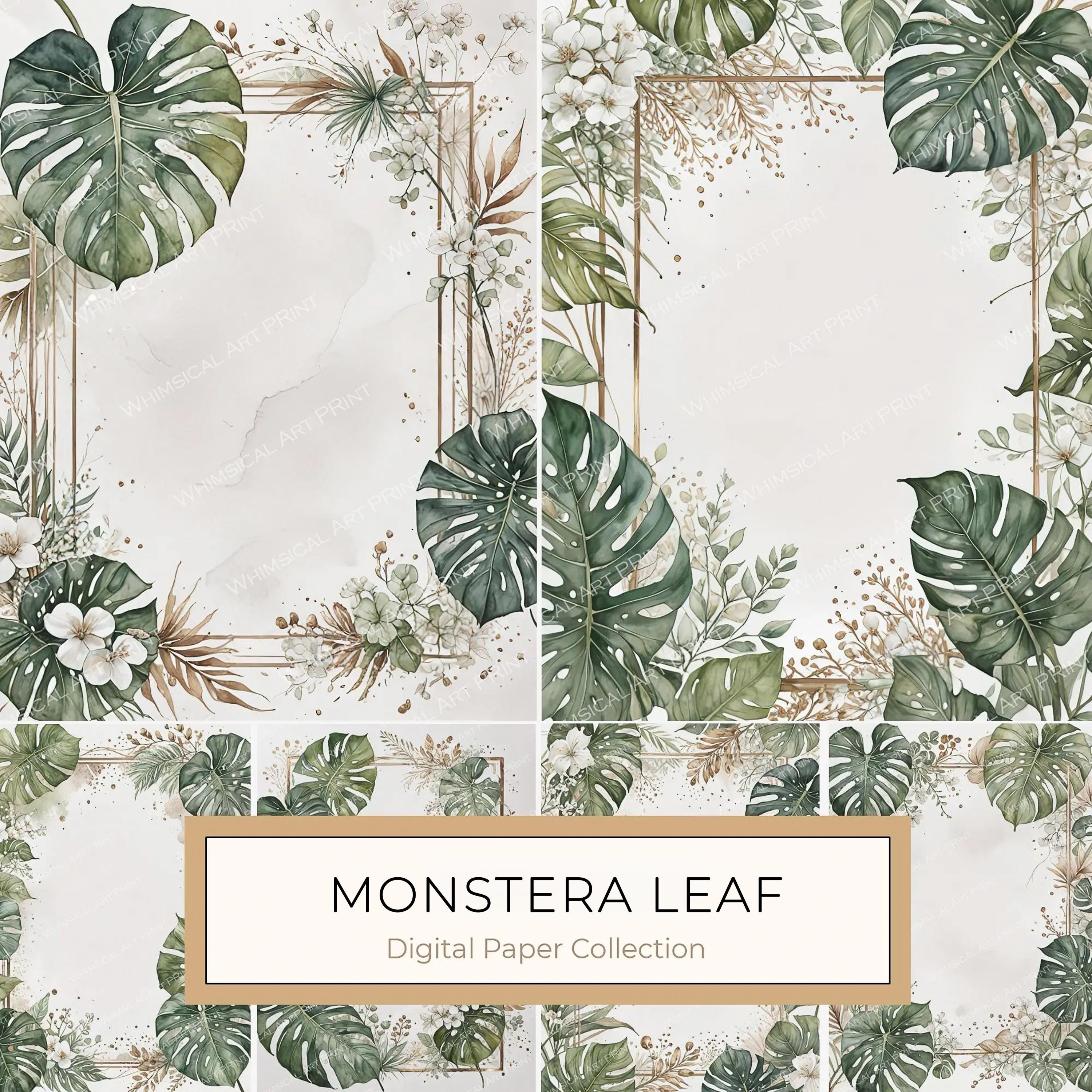Watercolor Monstera Leaf Page Border: Tropical Foliage Digital Paper Set (JPGs)