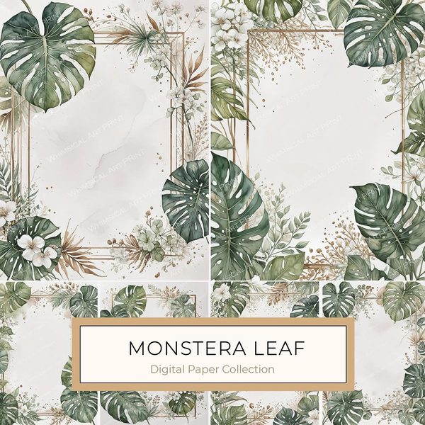 Watercolor Monstera Leaf Page Border: Tropical Foliage Digital Paper Set (JPGs)