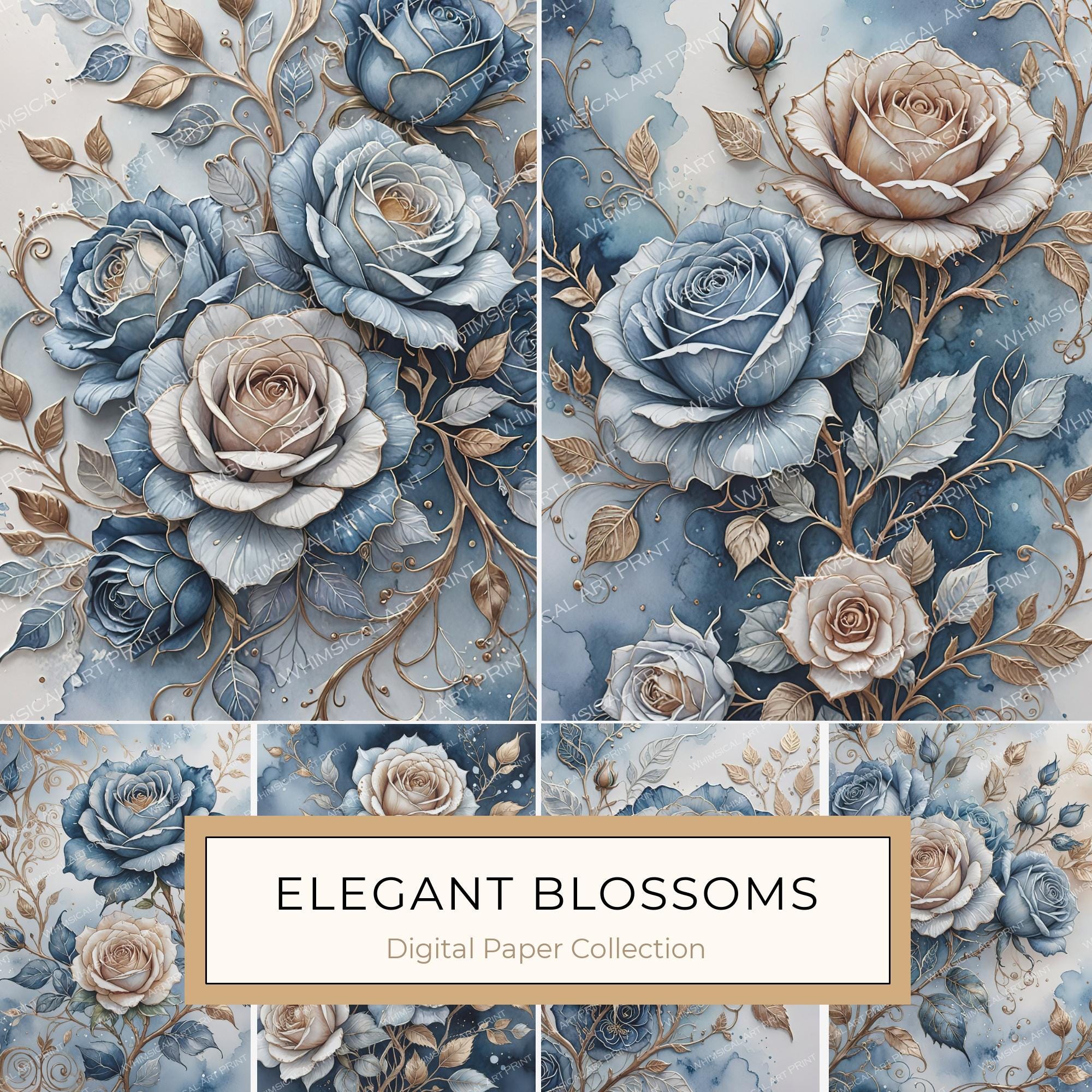 Watercolor Rose Digital Paper: Blue Floral Scrapbooking (JPGs)