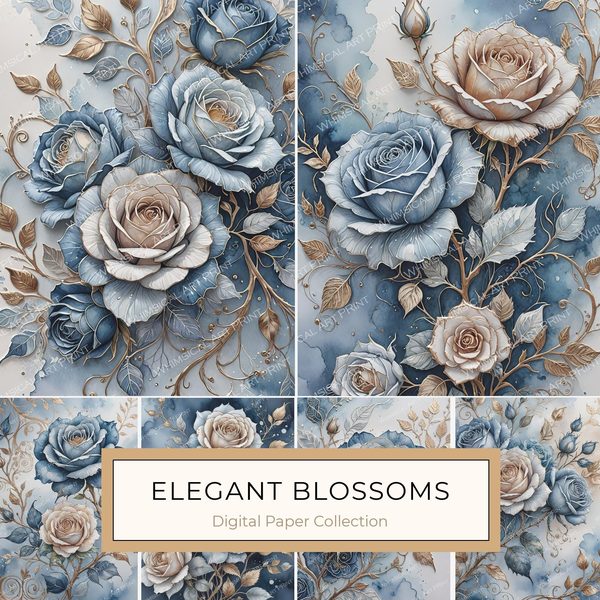 Watercolor Rose Digital Paper: Blue Floral Scrapbooking (JPGs)