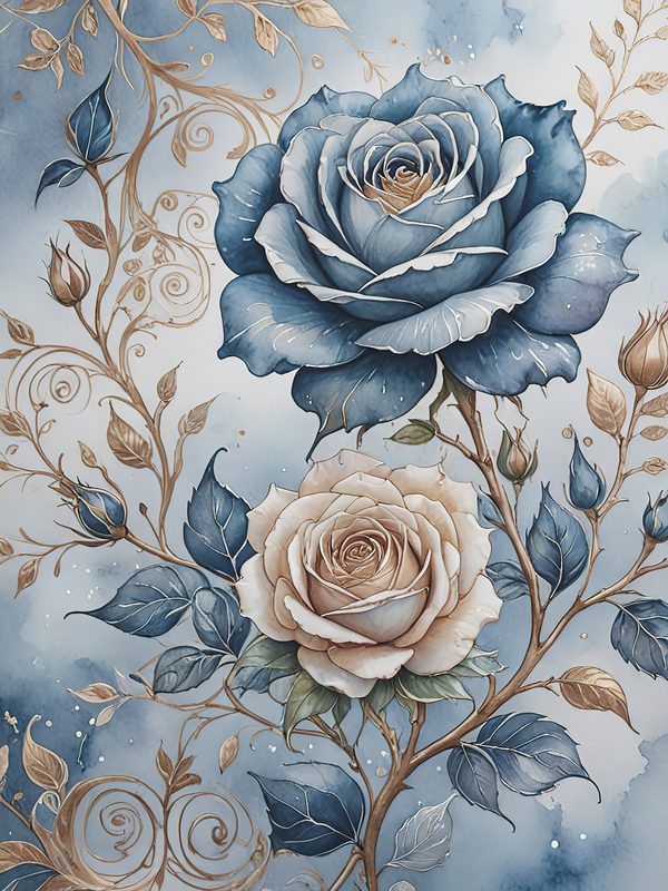 Watercolor Rose Digital Paper: Blue Floral Scrapbooking (JPGs) — image 1
