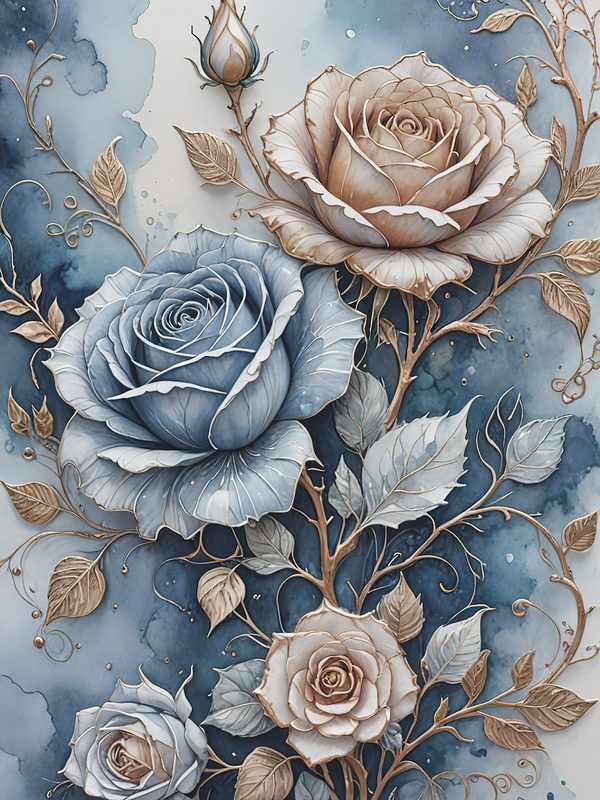 Watercolor Rose Digital Paper: Blue Floral Scrapbooking (JPGs) — image 3