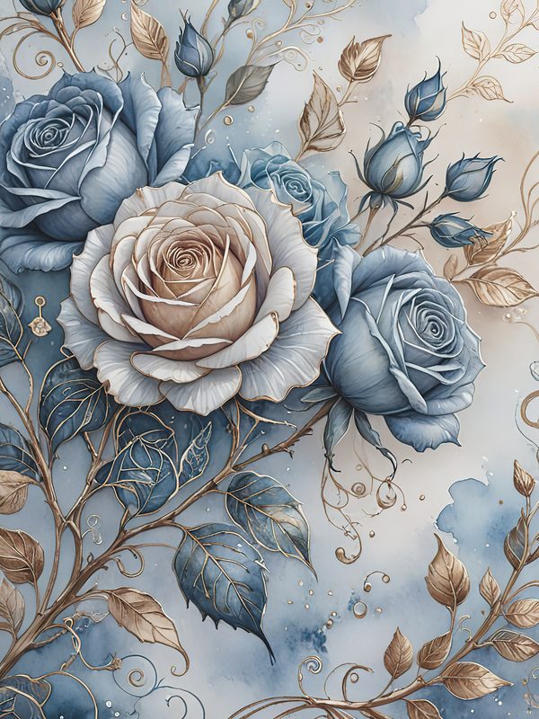 Watercolor Rose Digital Paper: Blue Floral Scrapbooking (JPGs) — image 8