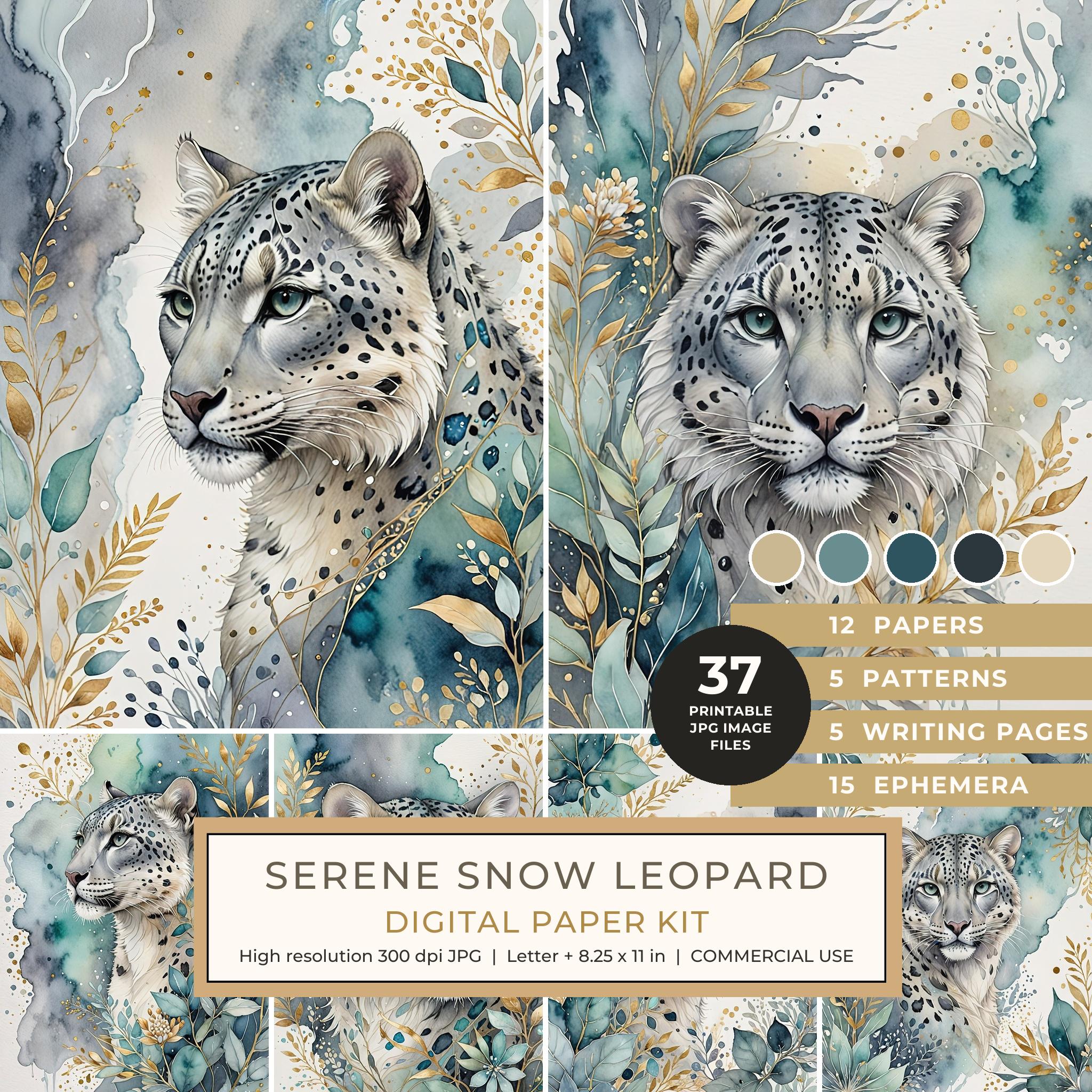 Serene Snow Leopard Watercolor Digital Paper Kit: Printable Papers, Cards, Tags, Ephemera