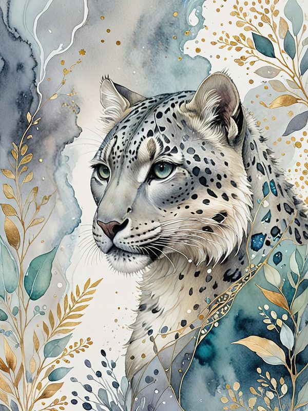 Serene Snow Leopard Watercolor Digital Paper Kit: Printable Papers, Cards, Tags, Ephemera — image 1