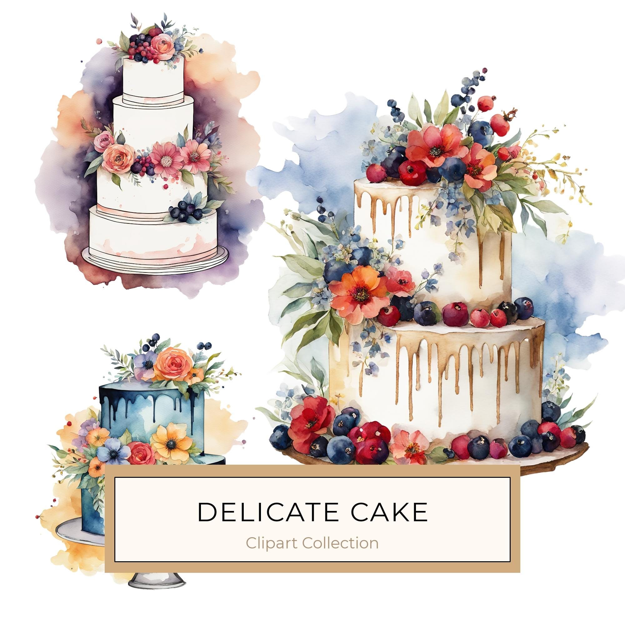 Watercolor Wedding Cake Clipart: Floral Cake Designs (JPG & PNG)