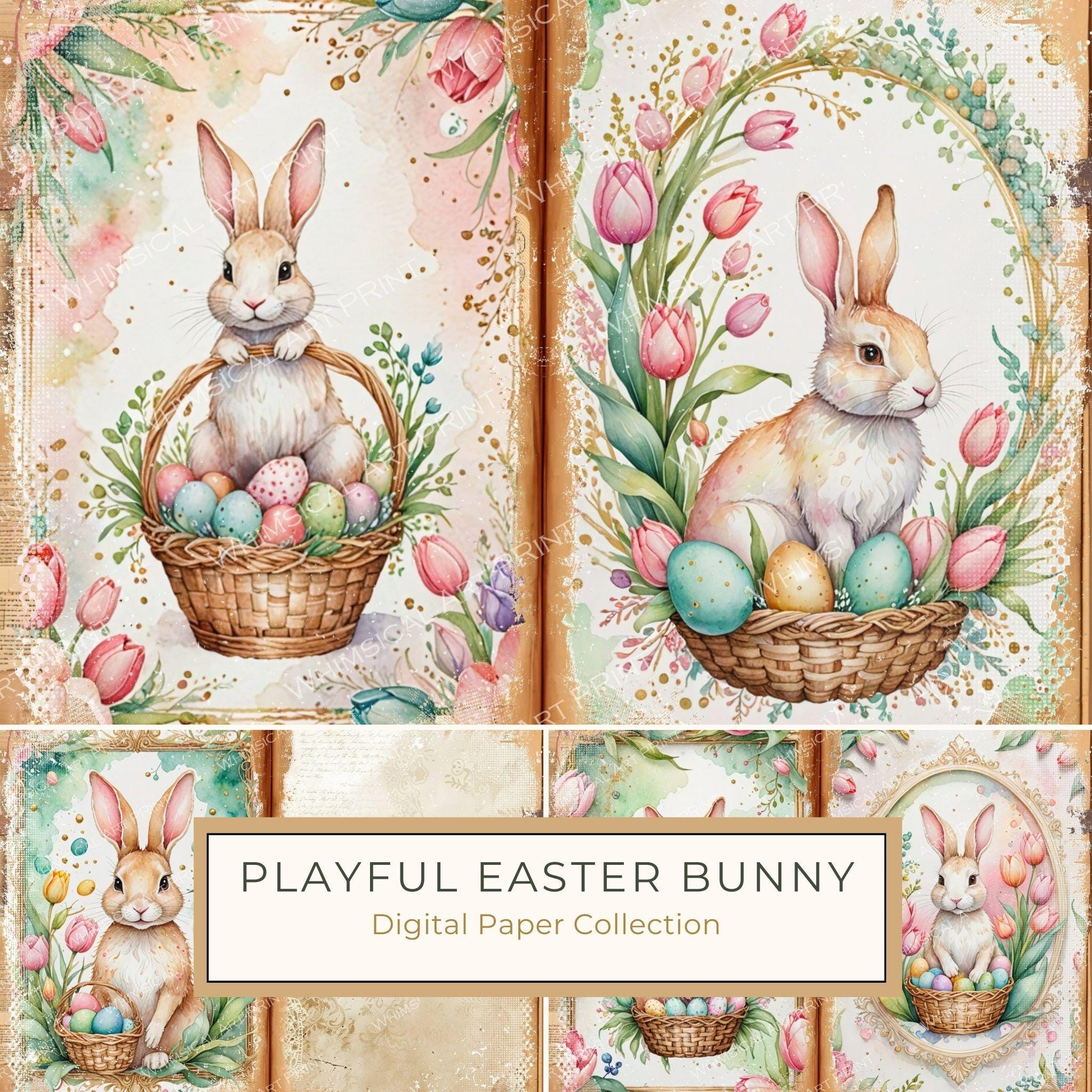 Watercolor Easter Bunny Digital Paper: Tulip Scrapbook Designs (Digital Download)