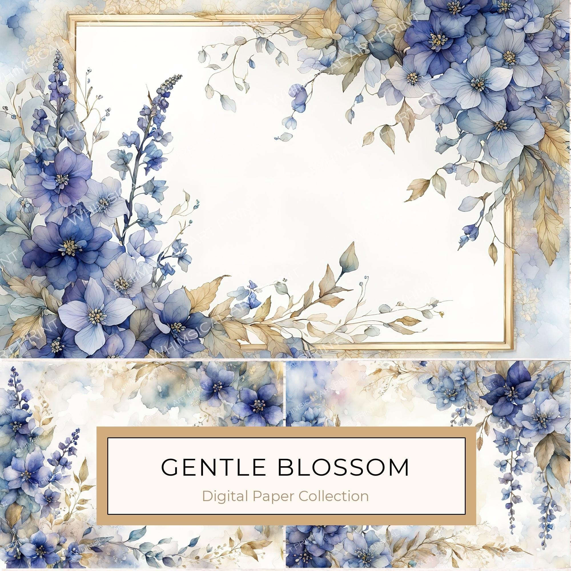 Watercolor Blue Floral Digital Paper: Letter Size JPGs (Commercial Use)