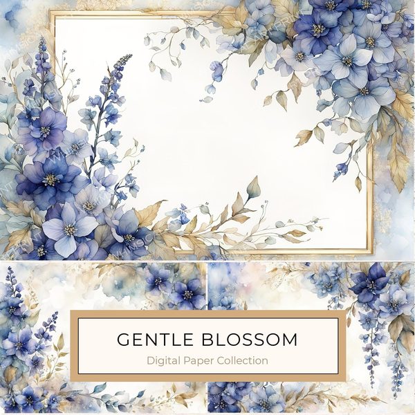 Watercolor Blue Floral Digital Paper: Letter Size JPGs (Commercial Use)