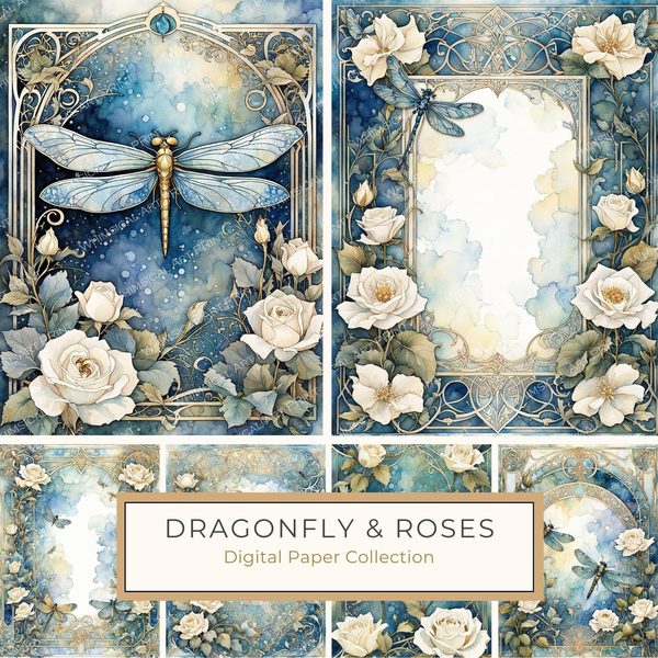 Watercolor Dragonfly & White Roses Digital Paper Set (JPGs)