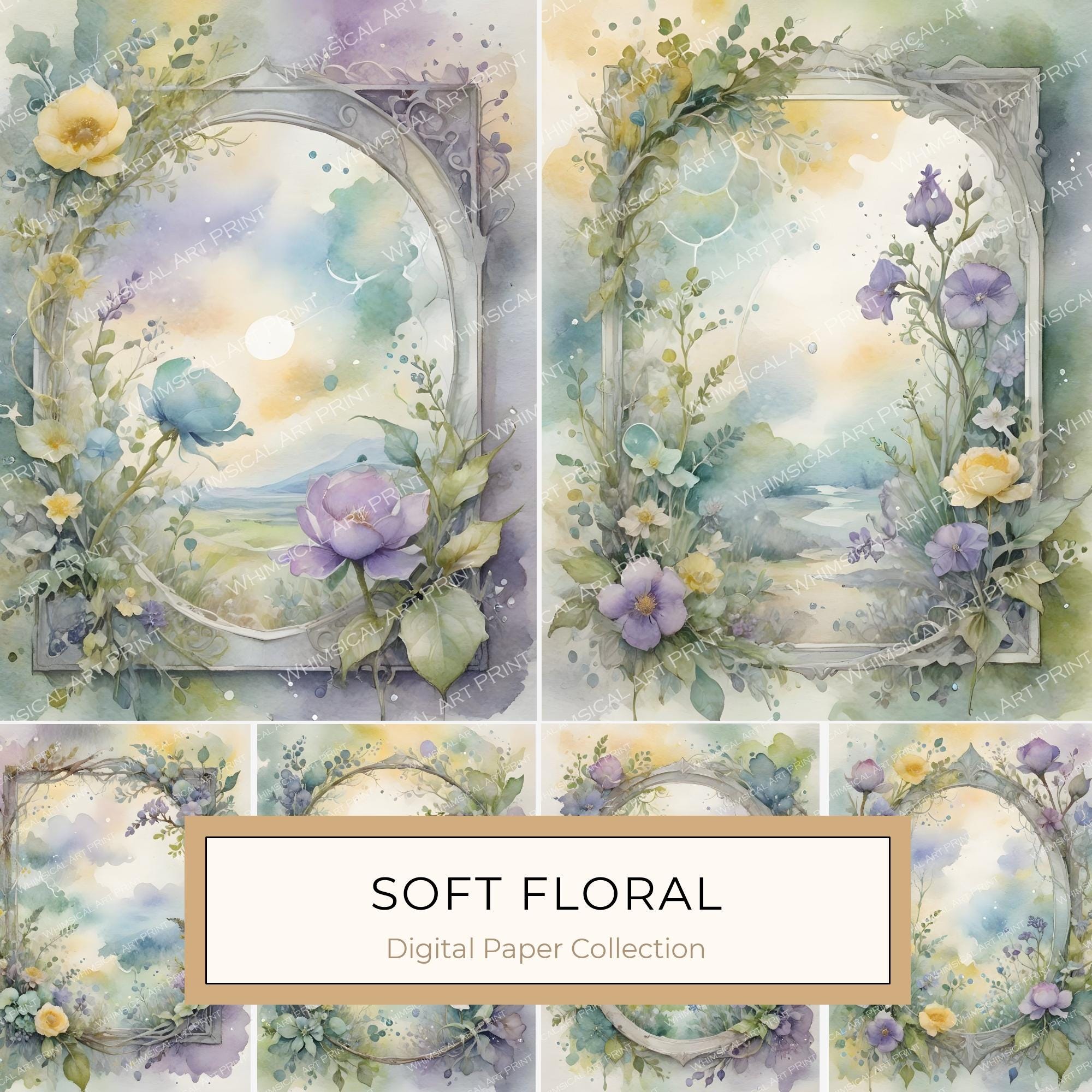 Watercolor Floral Frames: Serene Landscape Digital Paper (JPGs)