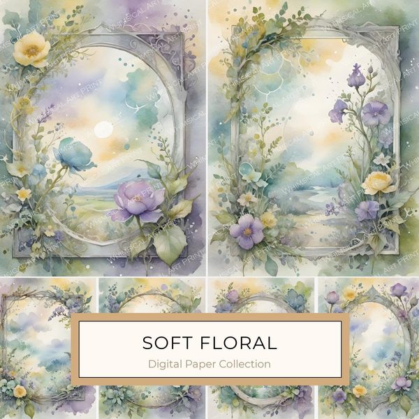 Watercolor Floral Frames: Serene Landscape Digital Paper (JPGs)