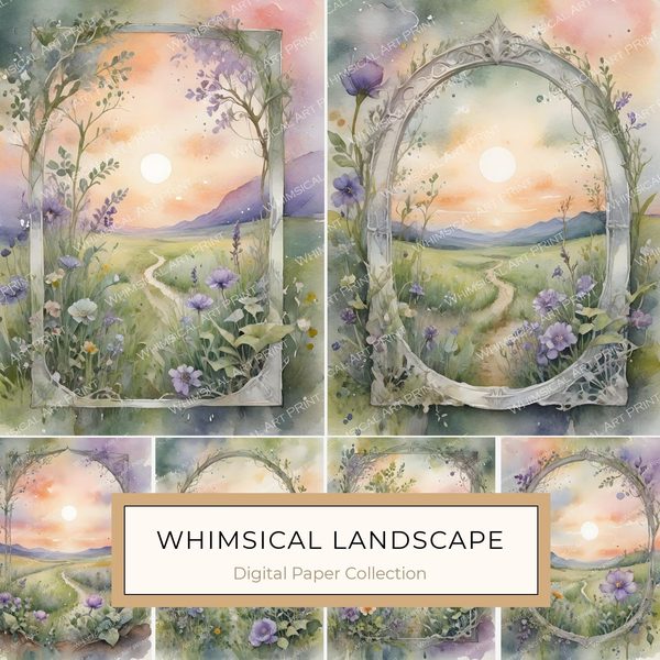Watercolor Floral Arch Digital Paper: Sunset Meadow Landscape (10 JPGs)