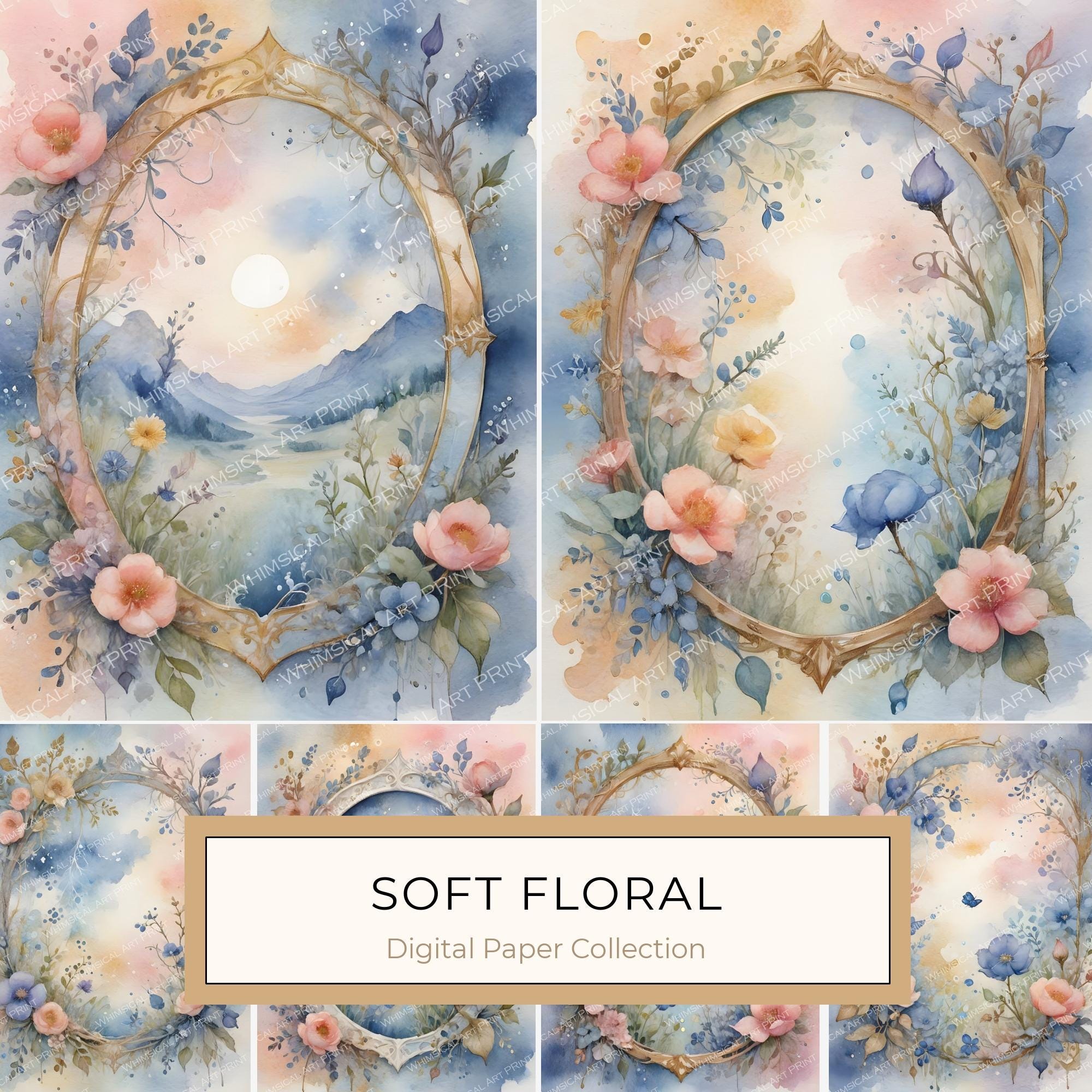 Watercolor Floral Frame Digital Paper: Pastel Landscape Backgrounds (10 JPGs, Digital Download, Commercial Use)