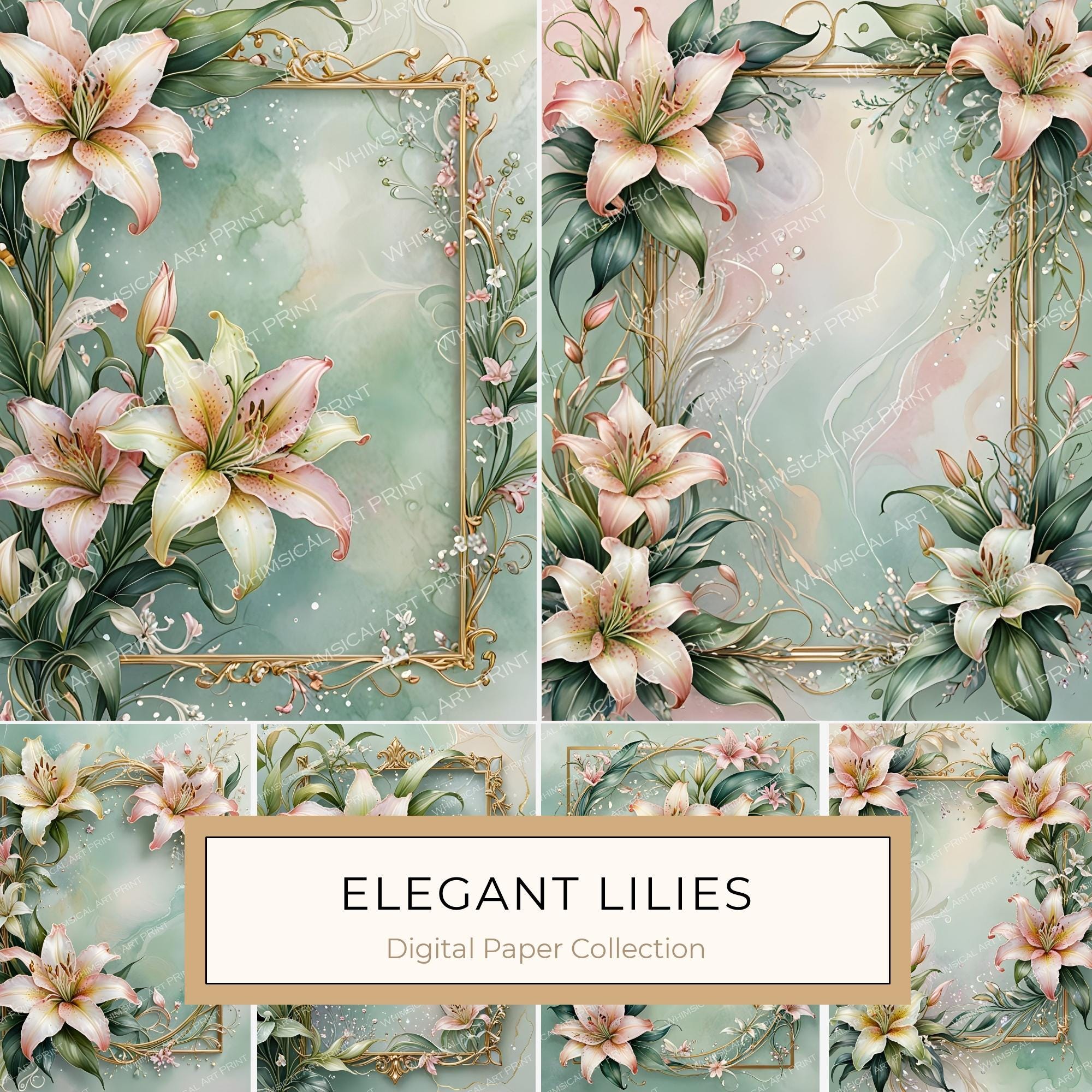 Lily Golden Frame Digital Paper: Iridescent Scrapbook Backgrounds (10 JPGs)