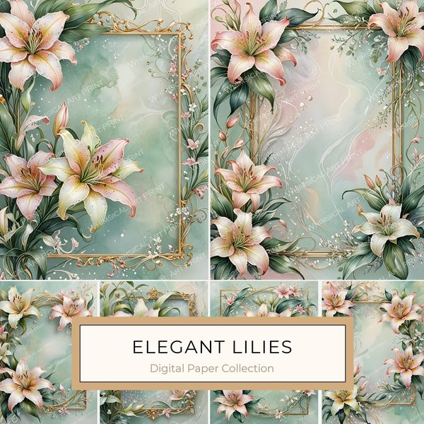 Lily Golden Frame Digital Paper: Iridescent Scrapbook Backgrounds (10 JPGs)