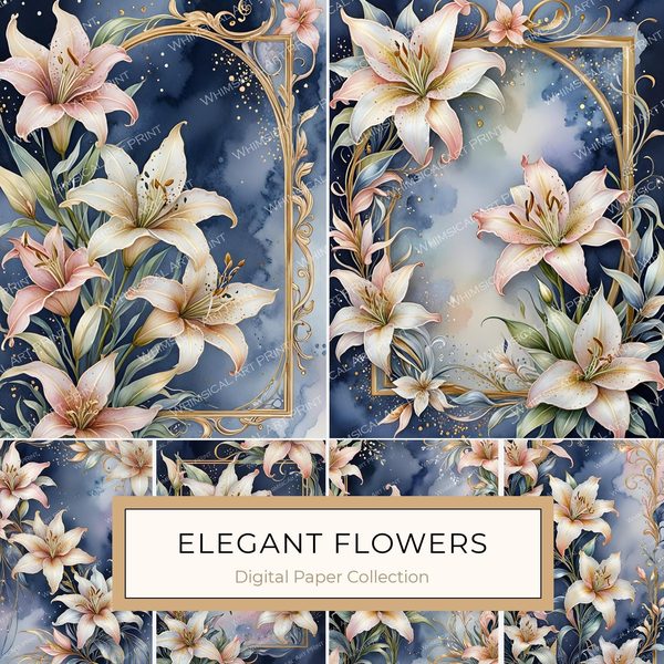 Iridescent Lily Digital Paper: Gold Frame Ombre Backgrounds (10 JPGs)