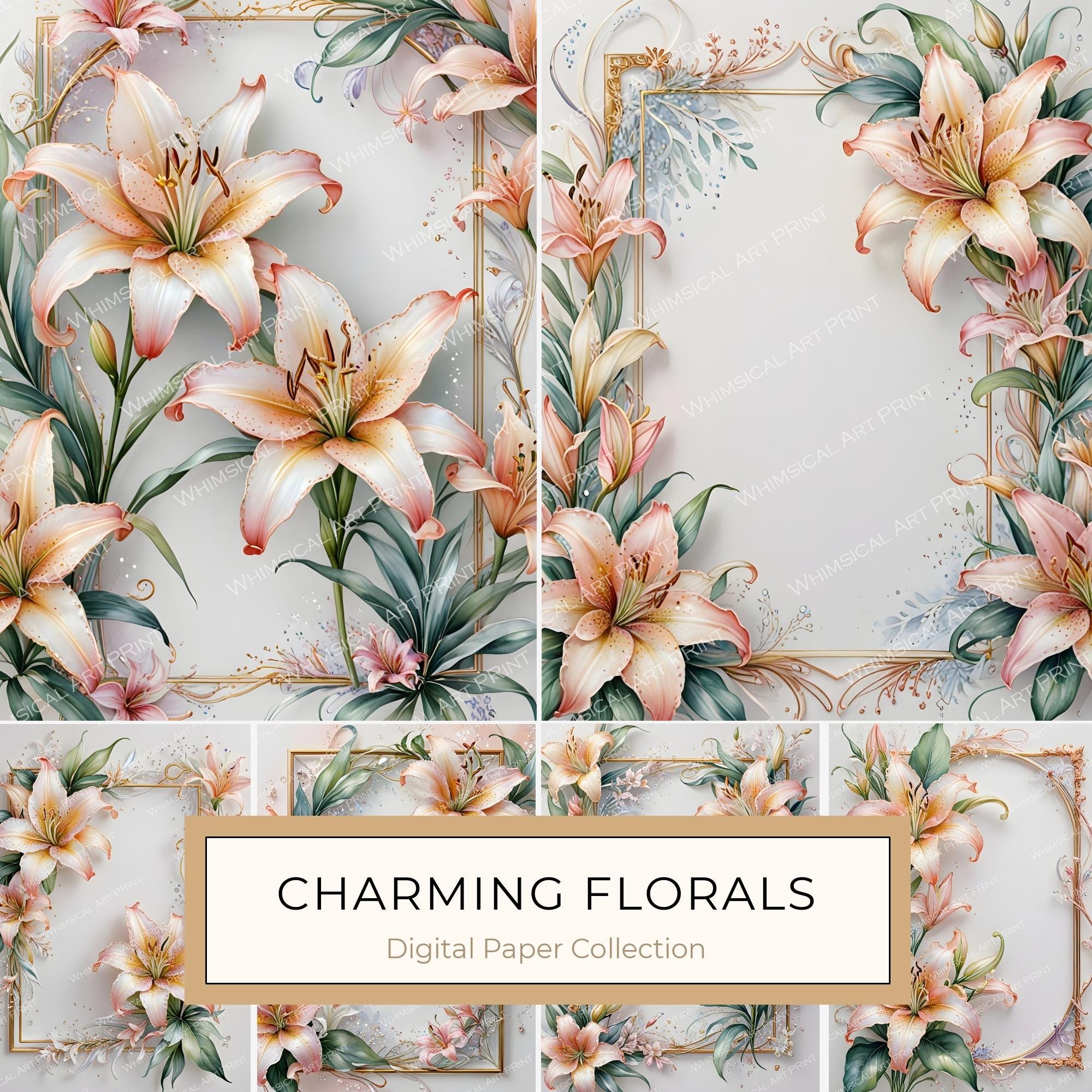 Stargazer Lily Floral Digital Paper Set: Pink & Green JPGs (Commercial Use)