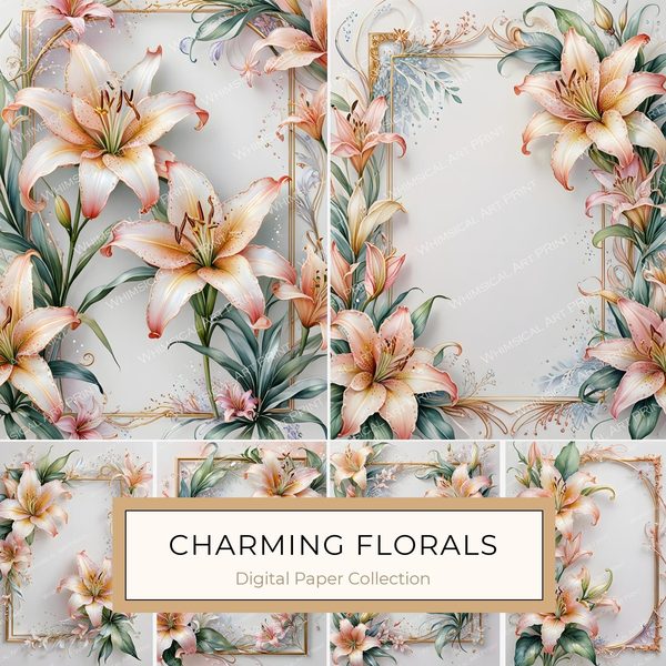 Stargazer Lily Floral Digital Paper Set: Pink & Green JPGs (Commercial Use)