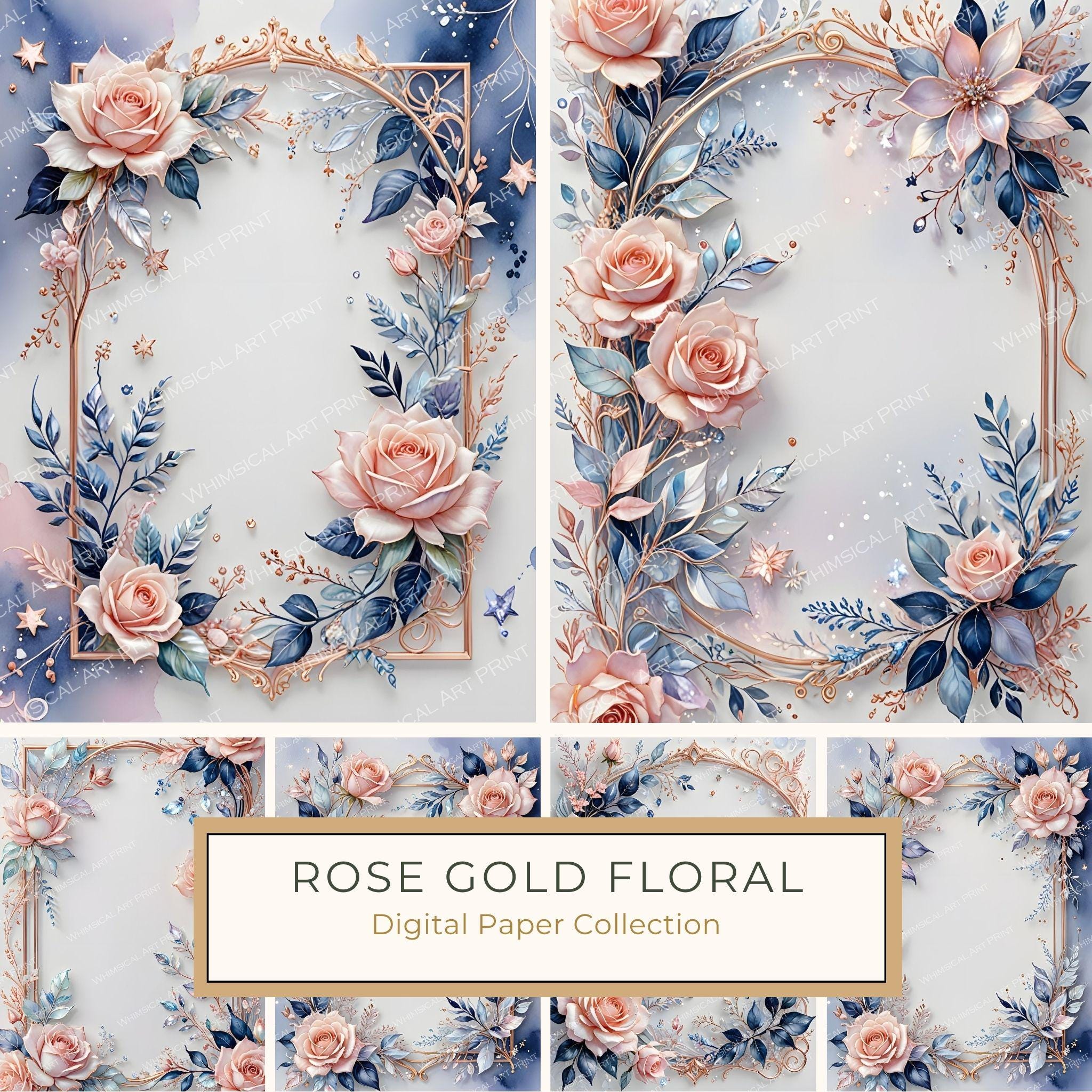 Watercolor Pink Roses Digital Paper: Metallic Floral Accents (10 JPGs)