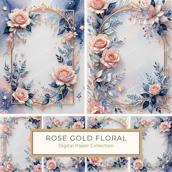 Watercolor Pink Roses Digital Paper: Metallic Floral Accents (10 JPGs)