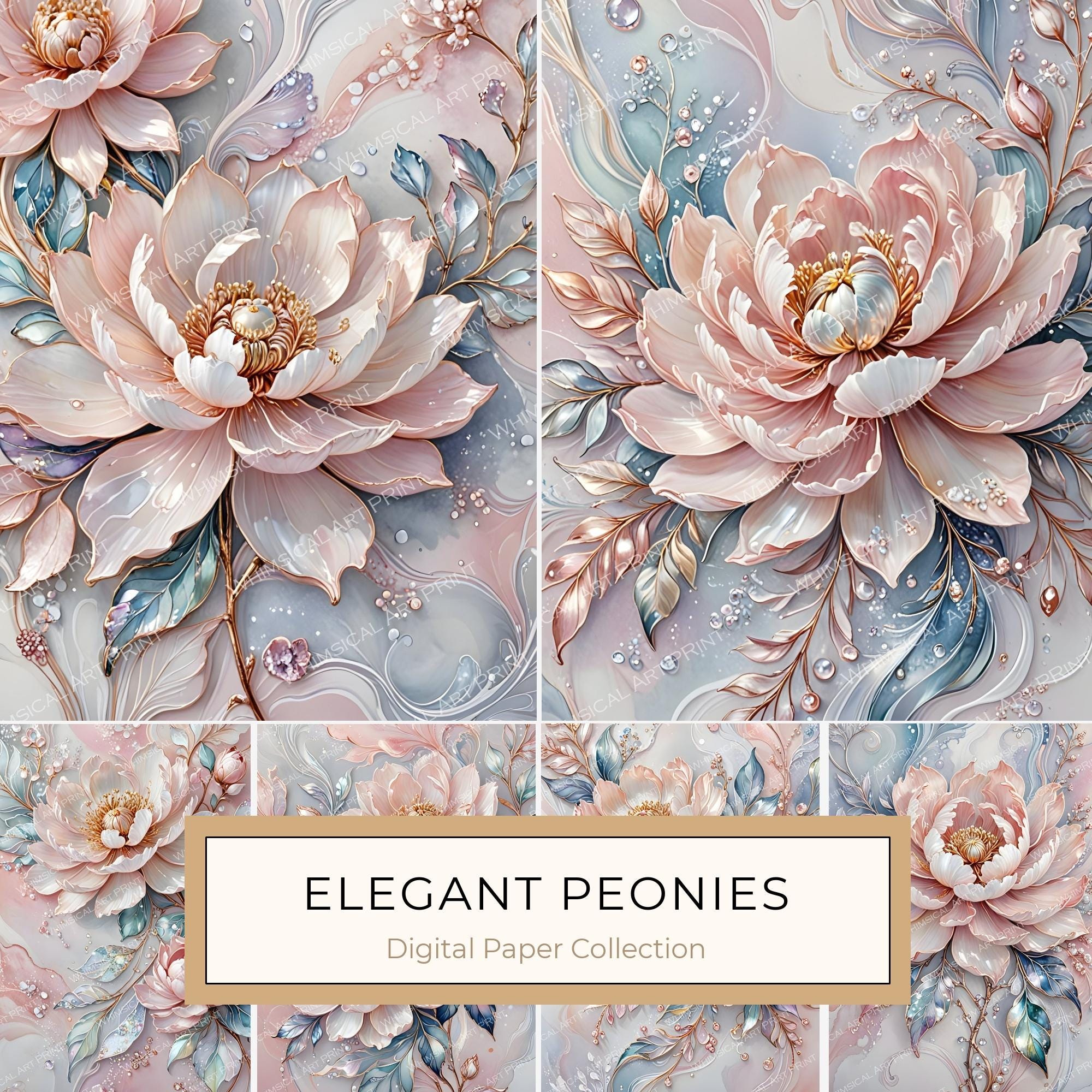 Pastel Peony Watercolor Digital Paper: Iridescent Floral Texture (JPG, Commercial Use)