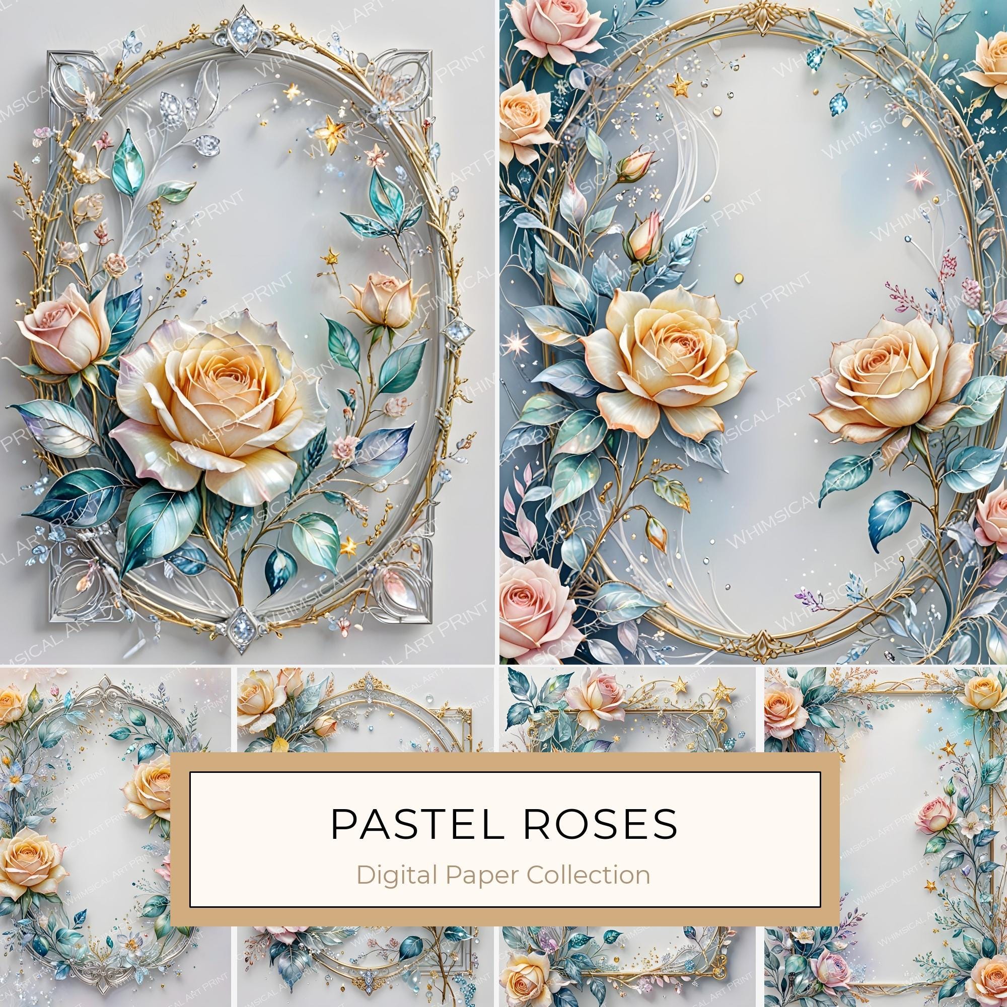 Iridescent Rose Digital Paper: Pastel Floral Silver Frame (Digital Download)