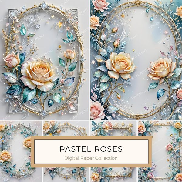Iridescent Rose Digital Paper: Pastel Floral Silver Frame (Digital Download)