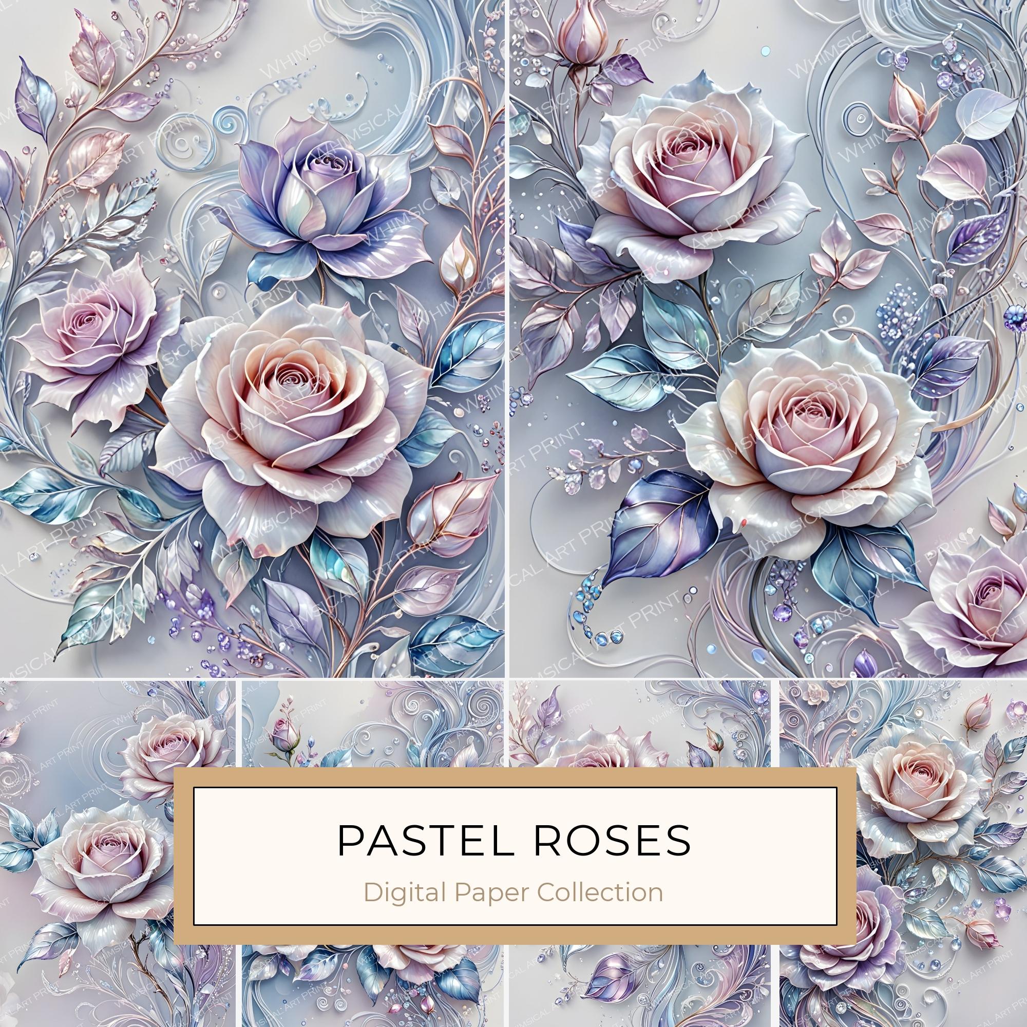 Iridescent Pastel Rose Digital Paper: Scrapbook Floral Set (Digital Download)