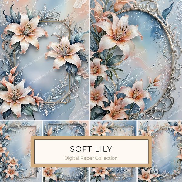 Watercolor Lily Digital Paper: Elegant Frame Floral Set (JPGs)