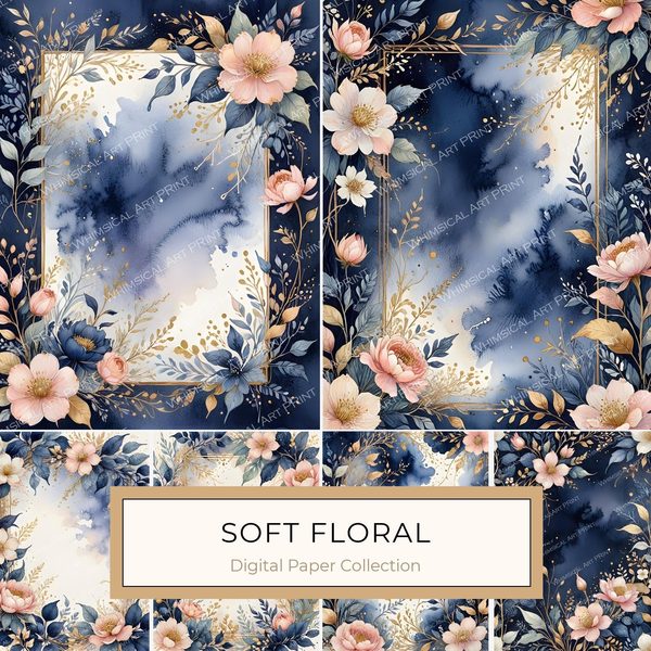 Watercolor Floral Digital Paper: Gold Accents, Dark Blues & Pinks Background (Digital Download, Commercial Use)