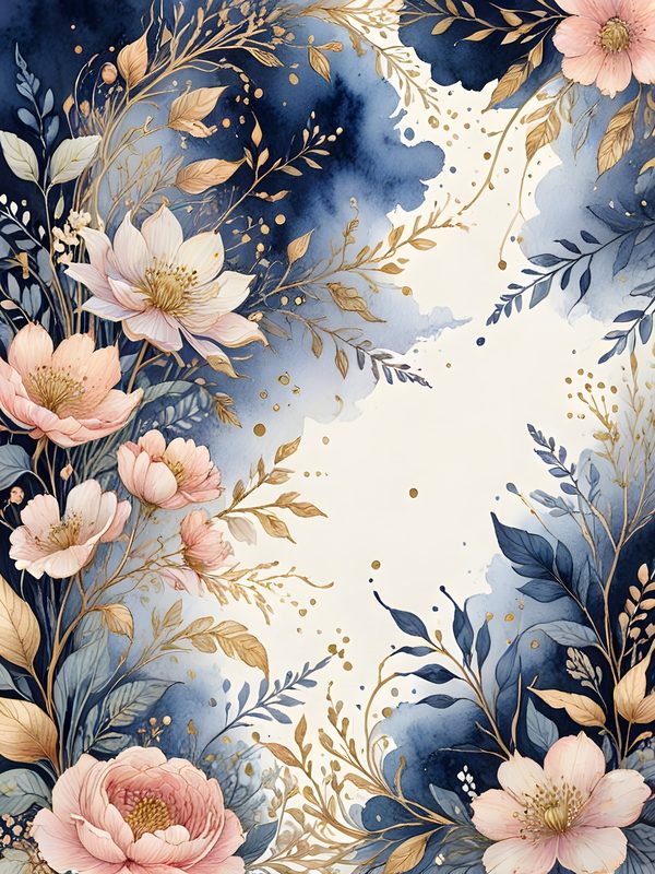 Watercolor Floral Digital Paper: Gold Accents, Dark Blues & Pinks Background (Digital Download, Commercial Use) — image 2