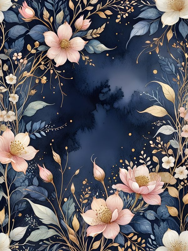 Watercolor Floral Digital Paper: Gold Accents, Dark Blues & Pinks Background (Digital Download, Commercial Use) — image 3