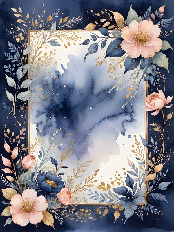 Watercolor Floral Digital Paper: Gold Accents, Dark Blues & Pinks Background (Digital Download, Commercial Use) — image 4